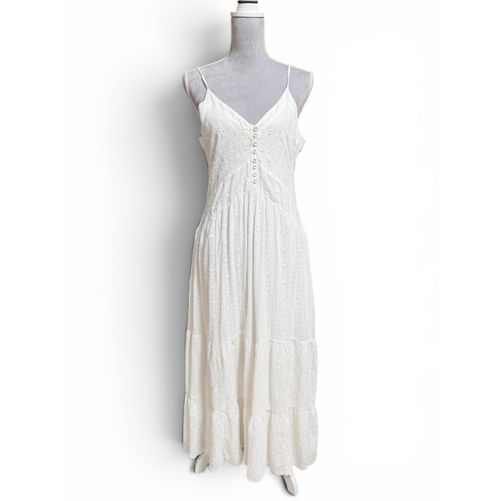 Sundance Dress Womens M White Eyelet Maxi Boho Tiered Cotton Lace Full Skirt